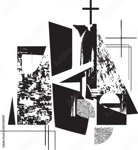 Abstract geometric shapes intersect against a stark white background.