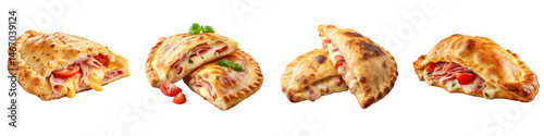 Calzone Folded Pizza, Baked dough pocket with cheese, ham, and tomato, Street Food, isolated on white background or PNG transparent Background