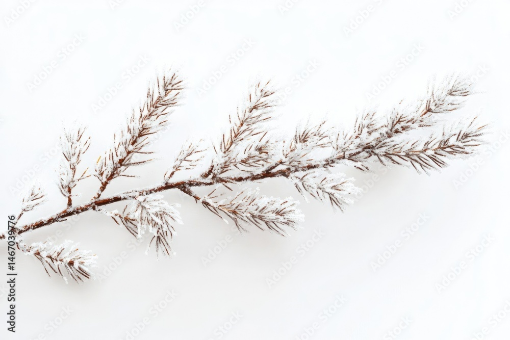 A snow-covered pine branch rests on a white background, showcasing winter's beauty. A snow-covered pine branch rests on a white background, showcasing winter's beauty.