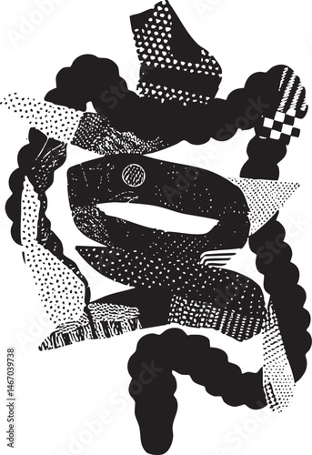 A stylized black and white figure with a top hat and patterned clothing stands in a dynamic pose.
