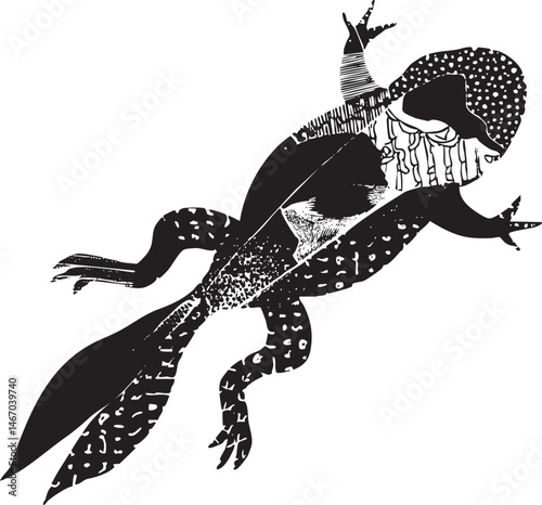 A stylized depicts a leaping creature with intricate and textured limbs.