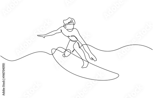 Single continuous line drawing young professional surfer in action riding the waves on blue ocean, Continuous one line drawing of man surfing a big wave. Single line drawing surfer design. 