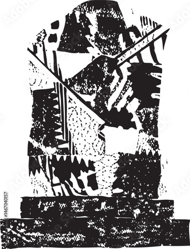 A solitary figure stands before a towering angular structure.