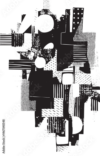 A dynamic composition of overlapping geometric shapes in monochrome.