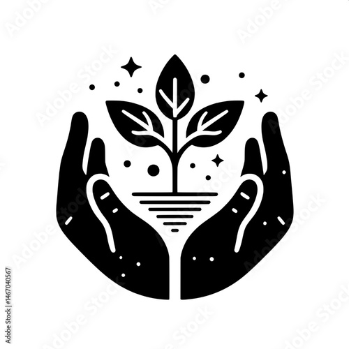Black and White SVG of Hands Holding a Plant