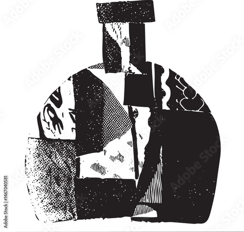 A solitary figure stands within a geometric abstract composition.