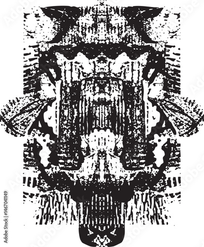 A distressed fragmented skull dominates a textured black and white composition.