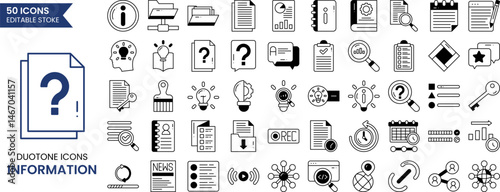 Information icon set in duotone style. Containing info center, help, guide, support, news, about us, manual and more. Vector illustration