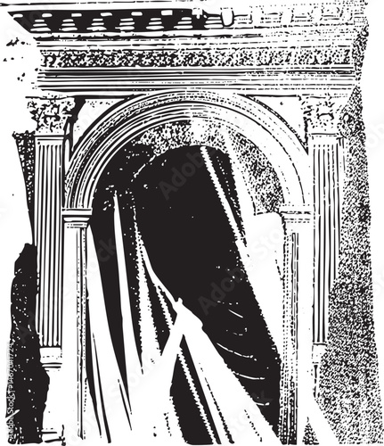 A weathered stone archway frames a dark shadowed passage.