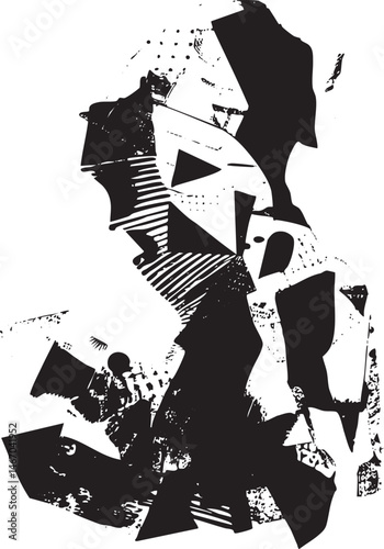 A fragmented abstract figure emerges from a textured black and white composition.
