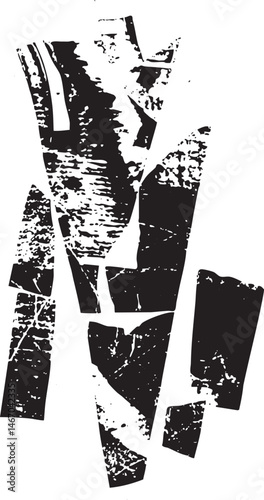 A fragmented silhouette stands vertically against a stark black background.