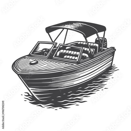 Vintage Hand-Drawn Motorboat with Canopy Illustration – Nautical Scene Engraved Style Vector for T-Shirts, Posters, Stickers, and Water Sports Themes Apparel