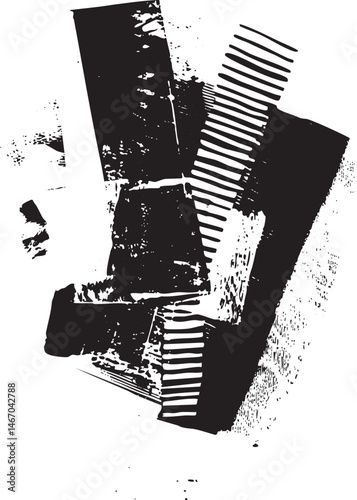 Abstract black and white geometric shapes collide across a textured surface.