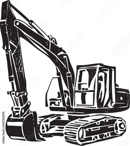 A black and white excavator rests on a gravel surface.