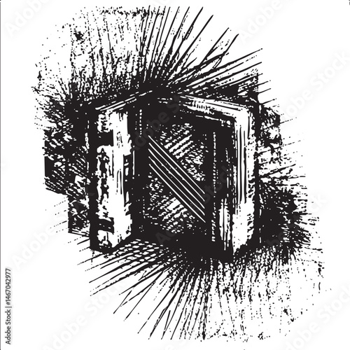 A weathered wooden door with radiating lines emerges from a textured wall.