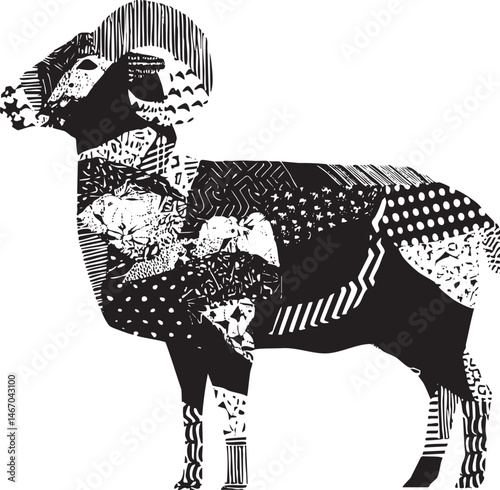 A stylized black and white ram stands confidently adorned with intricate geometric .