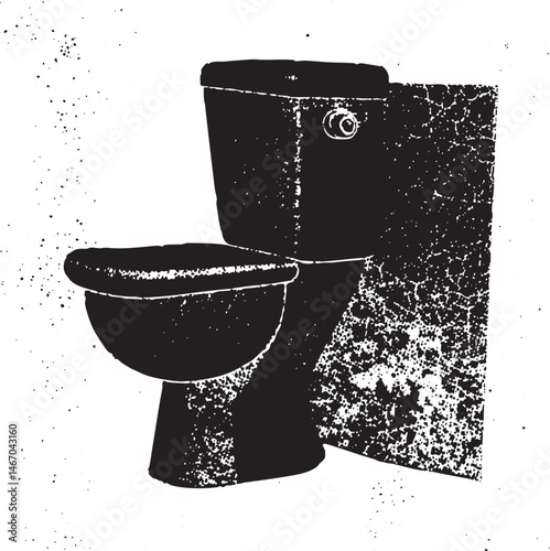 A black and white toilet sits on a textured wall.
