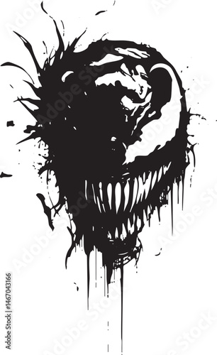 A stark menacing head portrait of a monstrous figure with sharp teeth and flowing tendrils.