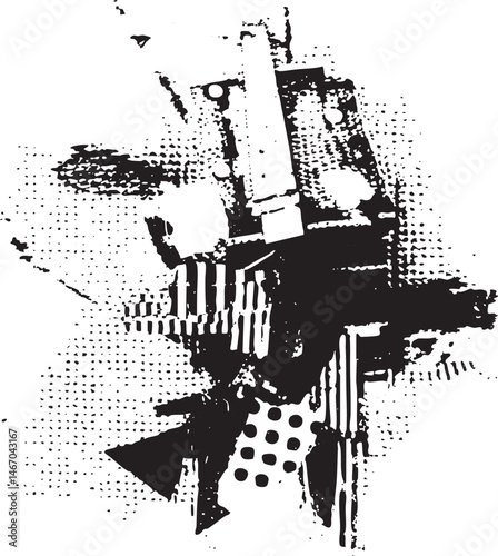 A distressed textured black silhouette of a complex mechanical structure dominates the .