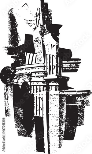 A stark fragmented abstract depiction of a building facade.