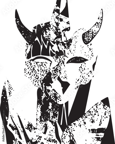 A stark black and white silhouette of a warrior with horned helmet.