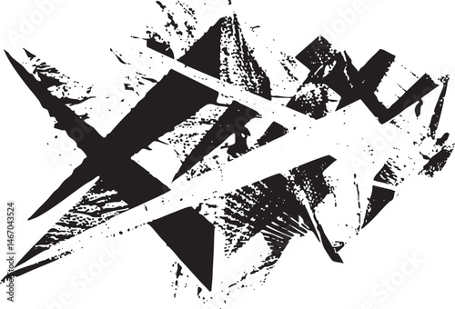A bold fragmented black and white abstract shape dominates the .