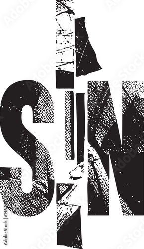 Large distressed letters of the word 'SIN' are fragmented and partially broken across a stark white background.
