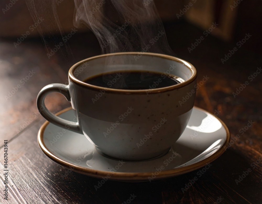 Fototapeta premium Hot Coffee In A Light Grey Cup On Dark Wooden Table