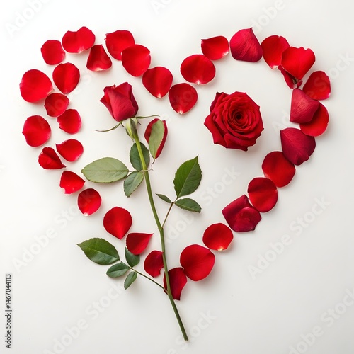 Heart shape, red rose petals, scattered petals, romantic composition