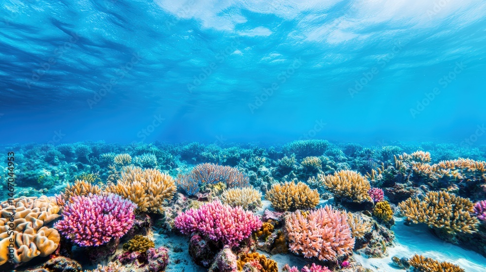 Naklejka premium Colorful coral reef underwater with clear blue water, teeming with vibrant marine life and healthy corals.