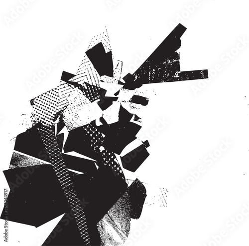 A fragmented geometric arrangement of black and white shapes dominates the composition.