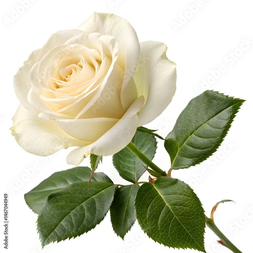 rose in bloom, delicate petals, soft cream color, lush green leaves, botanical photography