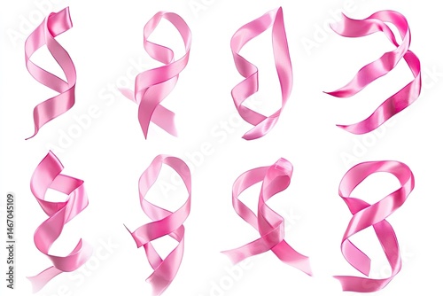 Nine pink satin ribbons in various swirling shapes against a white background.  Each ribbon displays a smooth, glossy texture photo