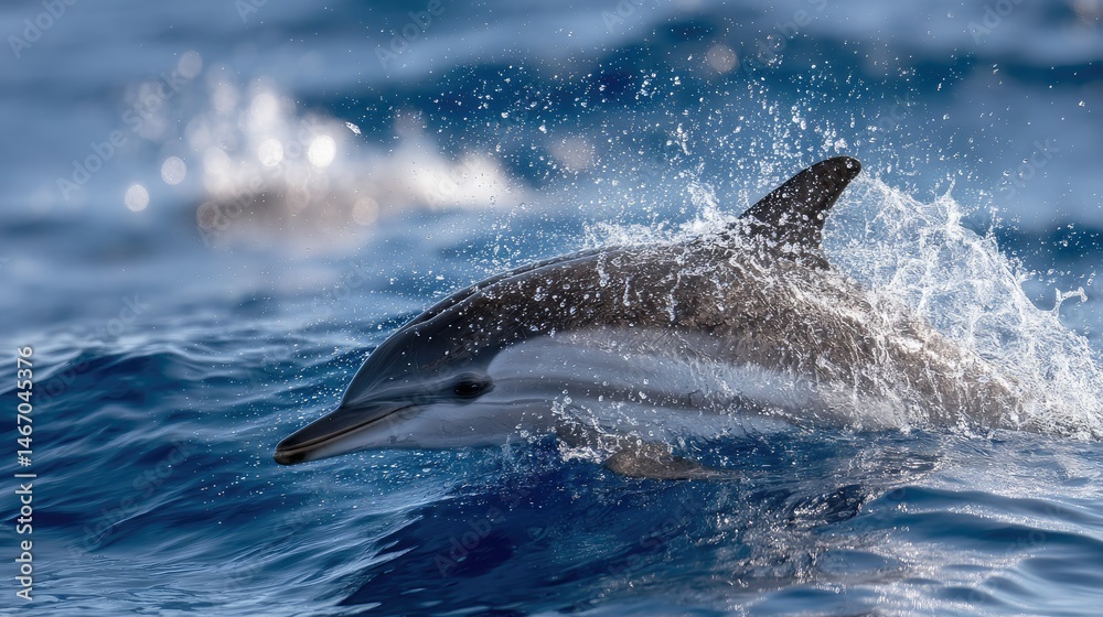 Fototapeta premium Close-up of a striped dolphin arching through the air, surrounded by glistening ocean spray