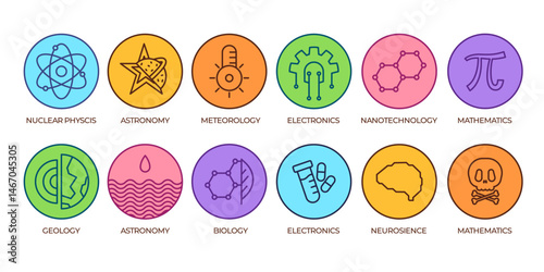 science subjects colorful icon set collection from oceanography pharmacy neuroscience meteorology geology