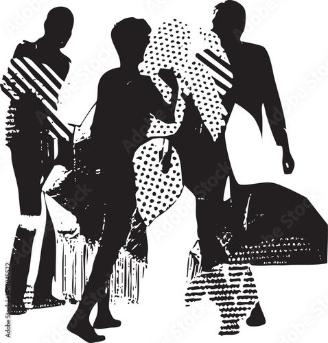 Three silhouetted figures walk along a grassy shoreline.
