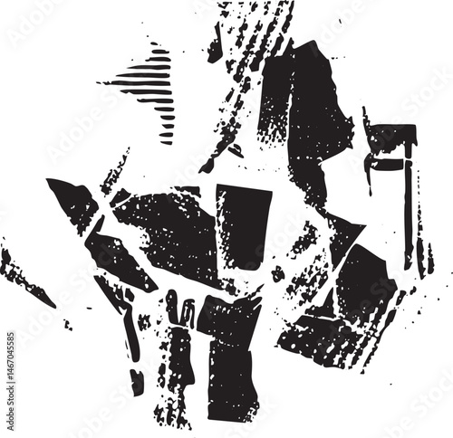 Fragmented shapes create a dynamic textured abstract composition.
