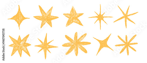Stars shape hand drawn in chalk. Doodle star sketch drawing. Design elements