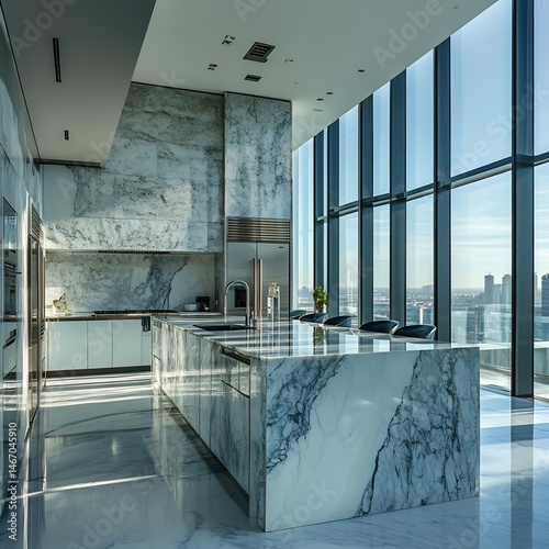 Luxury Penthouse Kitchen with Glass Walls, Marble Waterfall Island, and High-End Appliances – Modern, Elegant Design Featuring Sophisticated Finishes and Panoramic Views