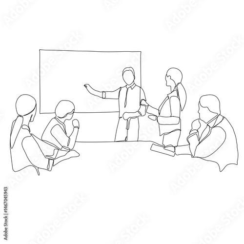 Single continuous line drawing of businessman meeting and presentation in the office illustration. Marketing plan presentation for team members, business meeting concept, single line art.