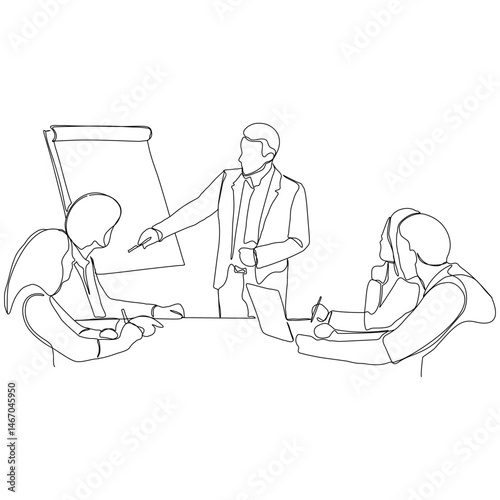Single continuous line drawing of businessman meeting and presentation in the office illustration. Marketing plan presentation for team members, business meeting concept, single line art.