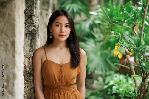 Young woman in earth-tone dress against stone wall with lush green background
