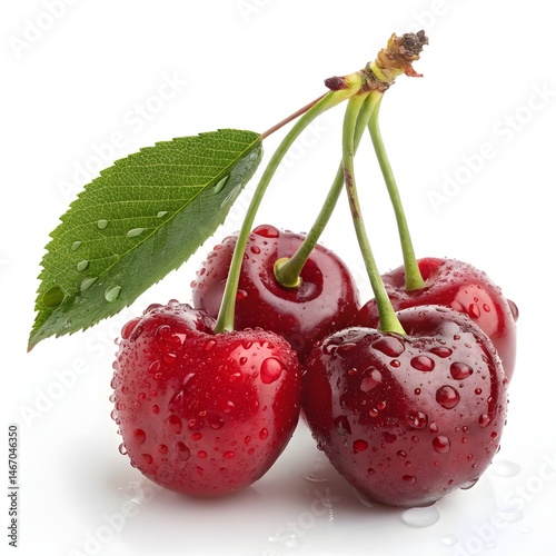 Photorealistic cherries, vibrant red, glossy surface, water droplets, stem and leaf, white background