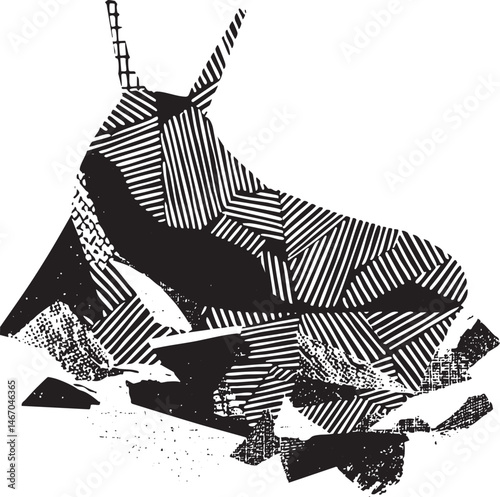 A stylized black and white abstract building emerges from a textured ground.