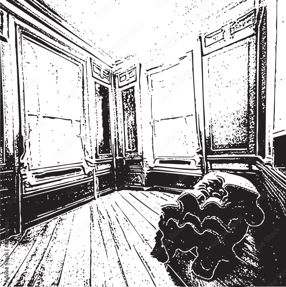 Fototapeta premium A solitary figure sits on a wooden bench in a dimly lit hallway.