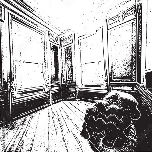 A solitary figure sits on a wooden bench in a dimly lit hallway.