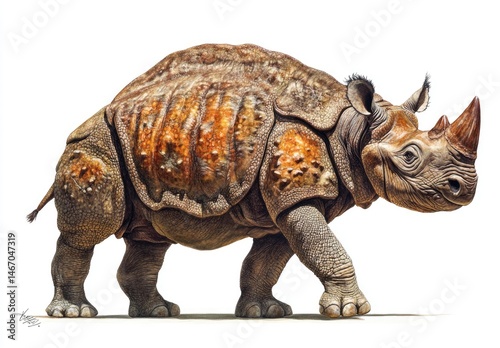 Large, extinct rhinoceros, profile view, detailed depiction of its thick, textured skin,  and powerful legs