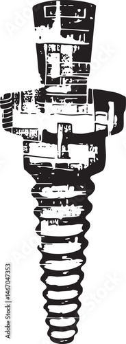 A black and white depicts a drill bit forming the shape of a skull.