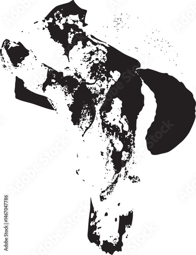 A stylized abstracted representation of a canine form in black and white.