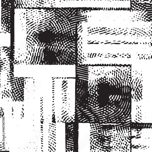 A textured abstract geometric dominates the with intersecting lines and shapes.